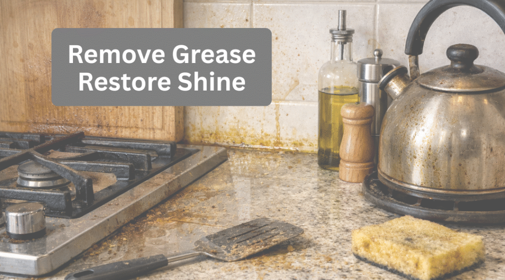 Kitchen surfaces showing grease buildup that requires professional cleaning