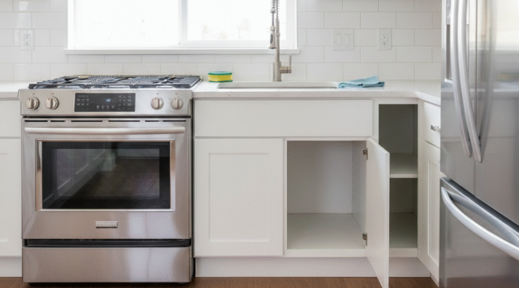 A sparkling clean modern kitchen with an open white cabinet showing empty shelves, a stainless steel stove, and white subway tile backsplash, representing a key step in a Move-In Cleaning Checklist.