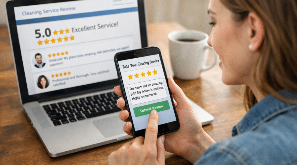 Customer reviewing professional cleaning service experience online