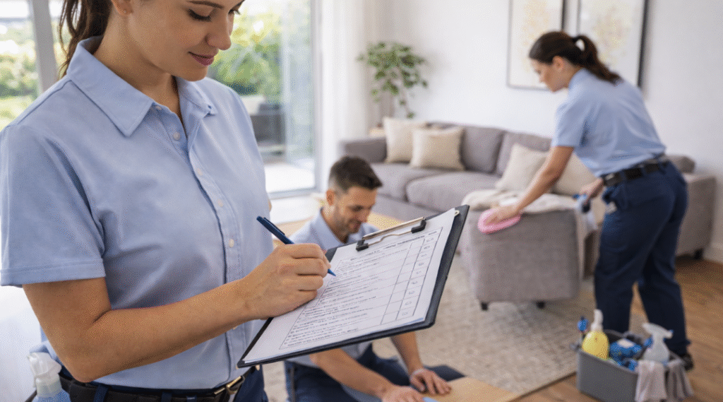Professional cleaners following a structured checklist for consistent results