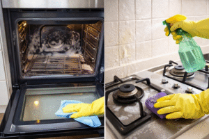Cleaning oven and stovetop during a move-out cleaning checklist in Ottawa, showing soaking racks, degreasing backsplash, and wiping glass door to a streak-free finish.