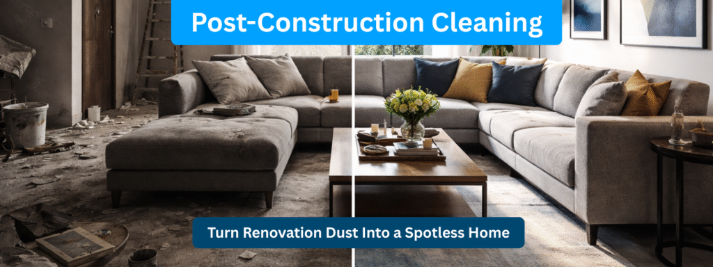 Before and after living room showing renovation dust and the results of post construction cleaning Ottawa