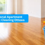Move-out cleaning checklist Ottawa showing a bright empty apartment with polished hardwood floors and cleaning supplies placed neatly in the corner after deep cleaning.
