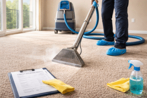 Professional steam cleaning in an apartment as part of a move-out cleaning checklist in Ottawa, showing deep carpet cleaning to remove stains, odors, and restore freshness before inspection.