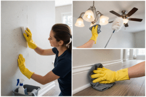 Wall cleaning, dusting light fixtures, and wiping baseboards during a move-out cleaning checklist in Ottawa, showing detailed removal of scuff marks and dust for an inspection-ready finish.