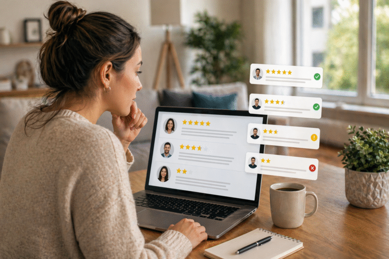 questions before hiring cleaning service homeowner analyzing detailed reviews and ratings on laptop to compare cleaning companies
