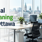 Professional office cleaning Ottawa service showing a modern clean workspace with polished floors and glass partitions being cleaned by a professional cleaner