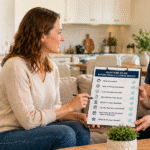 questions before hiring cleaning service homeowner discussing checklist with professional cleaner in a modern home