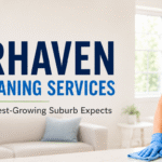 Professional house cleaner wiping a kitchen countertop in a modern Barrhaven home beside the headline “Barrhaven House Cleaning Services – What Ottawa’s Fastest-Growing Suburb Expects.”