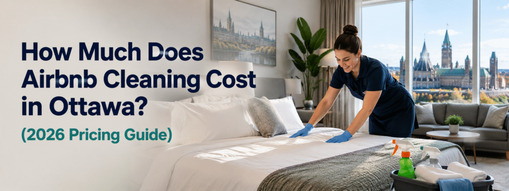 Ottawa Airbnb cleaning cost guide showing a professional cleaner preparing an Airbnb property for turnover cleaning in Ottawa.