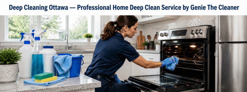 Deep Cleaning Ottawa service by Genie The Cleaner showing a professional cleaner cleaning an oven in a modern Ottawa home kitchen